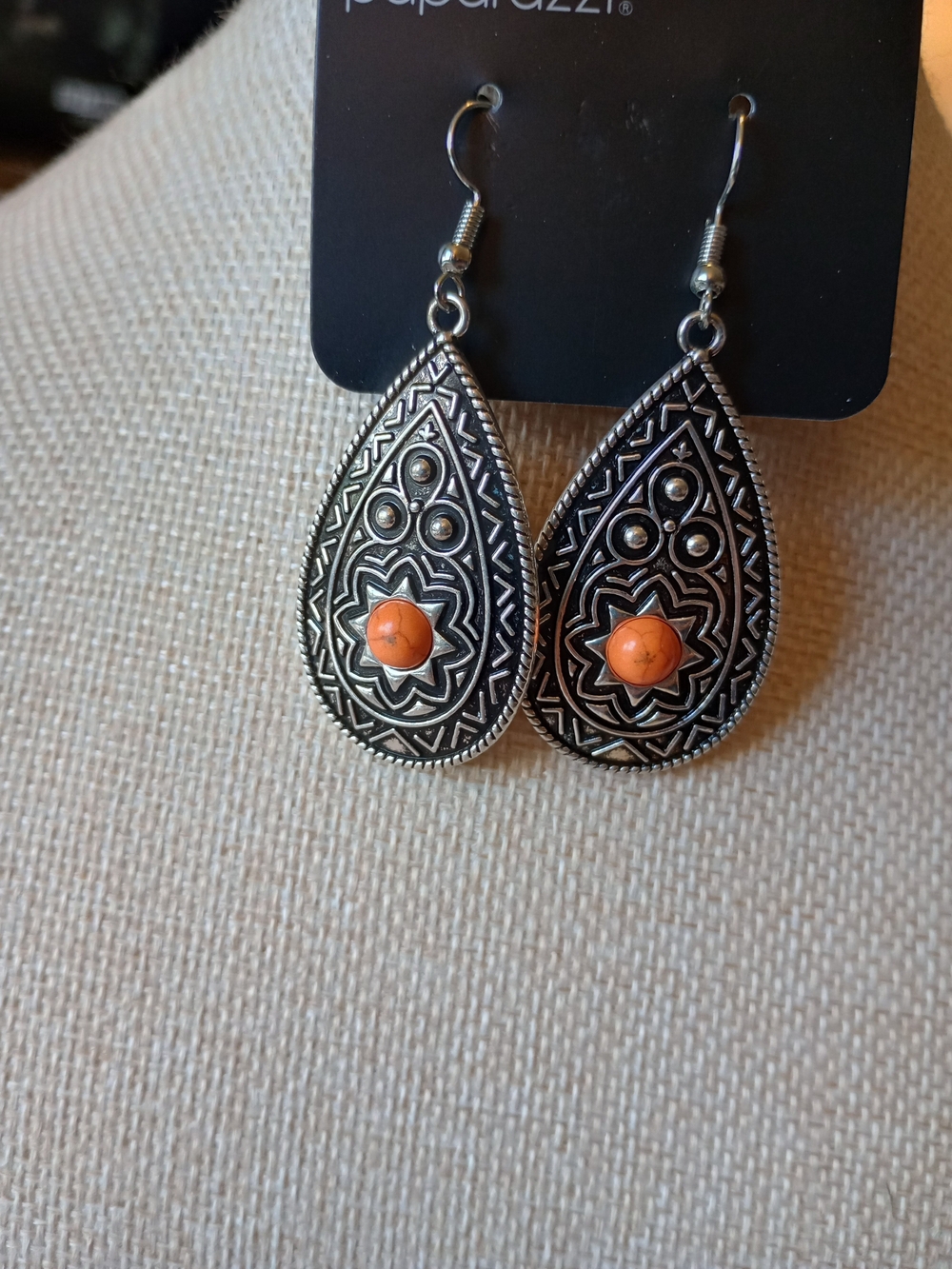 paparazzi Silver Teardrop Earrings with Orange Stone Accent